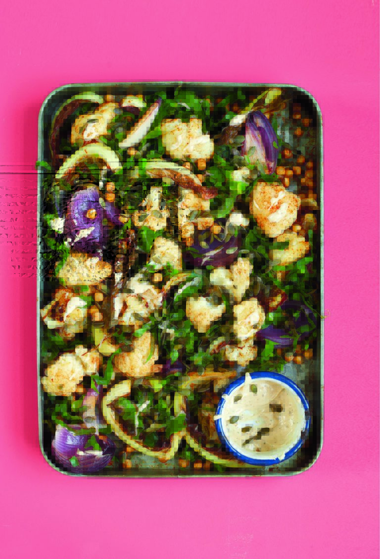 Roasted Cauliflower With Chickpeas, Spring Greens, Lemon and Tahini