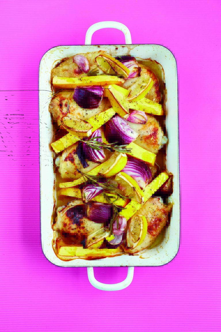 Roast Chicken, Squash and Red Onion with Lemon and Rosemary