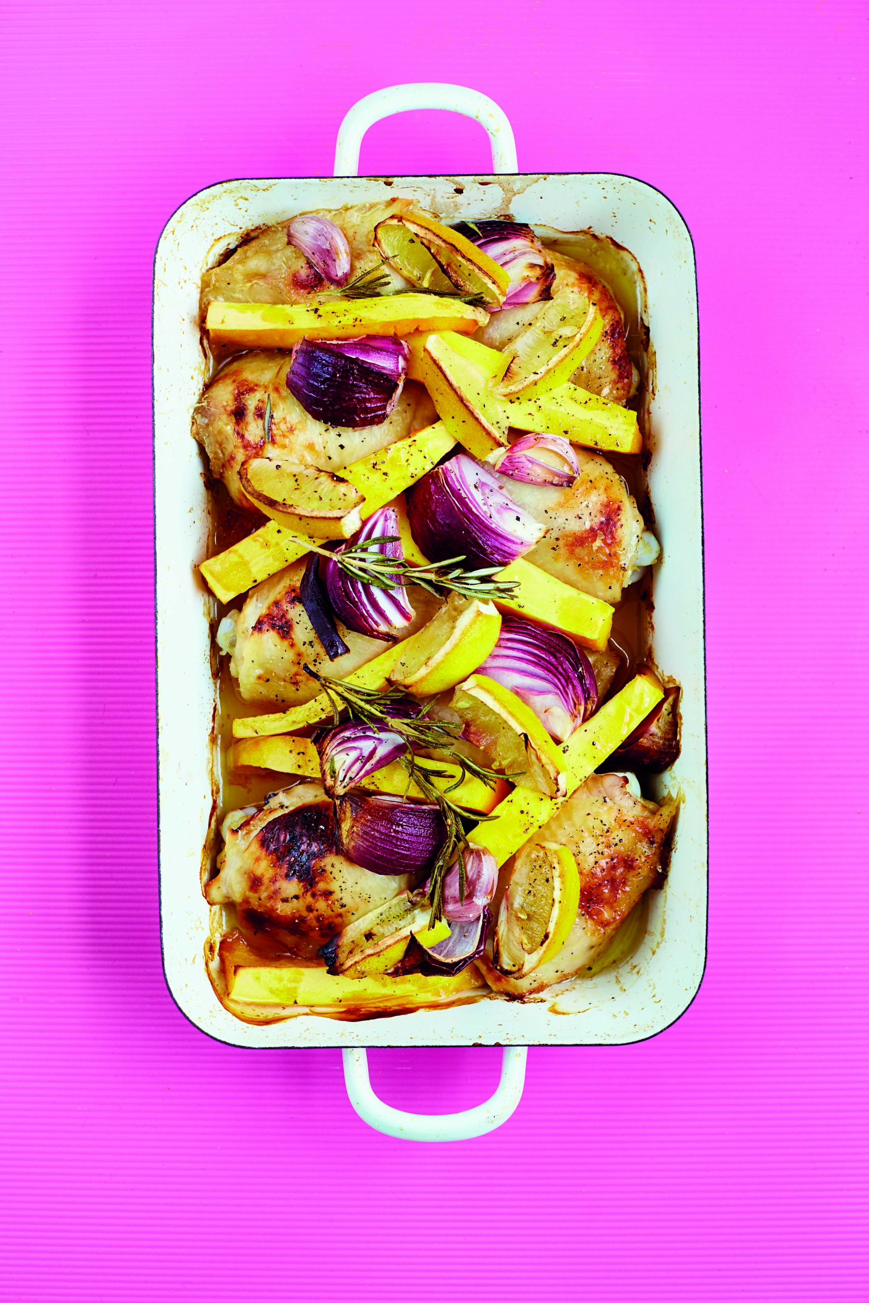Roast Chicken, Squash and Red Onion with Lemon and Rosemary