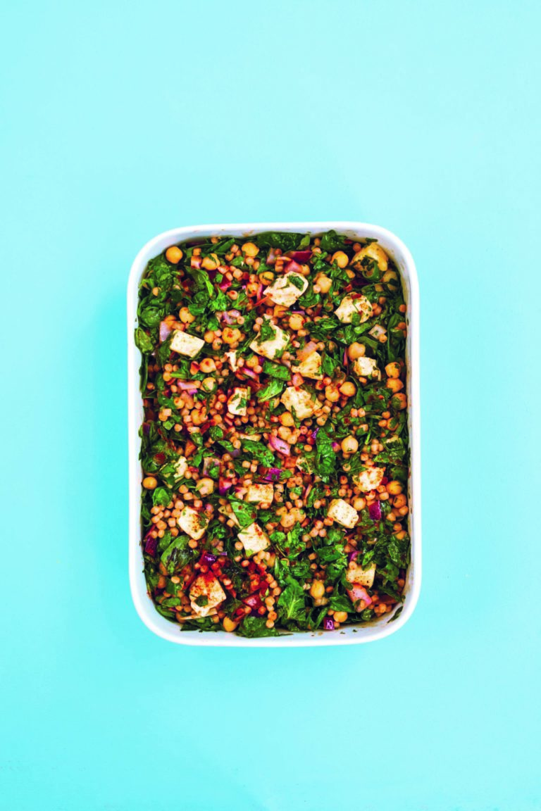 Lightly Roasted Chickpea, Halloumi and Red Onion Salad With Coriander and Giant Cous Cous