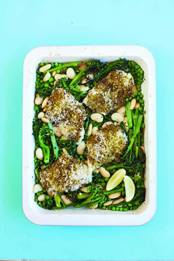 Crispy Baked Cod With Herby Broccoli, Peas and Beans