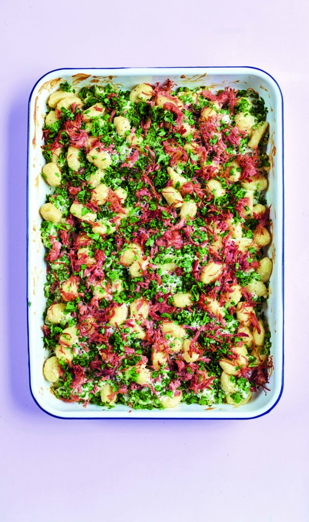 Baked Gnocchi With Crispy Ham Hock and Peas