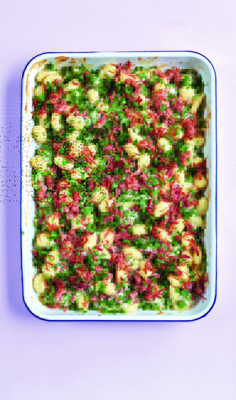 Baked Gnocchi With Crispy Ham Hock and Peas