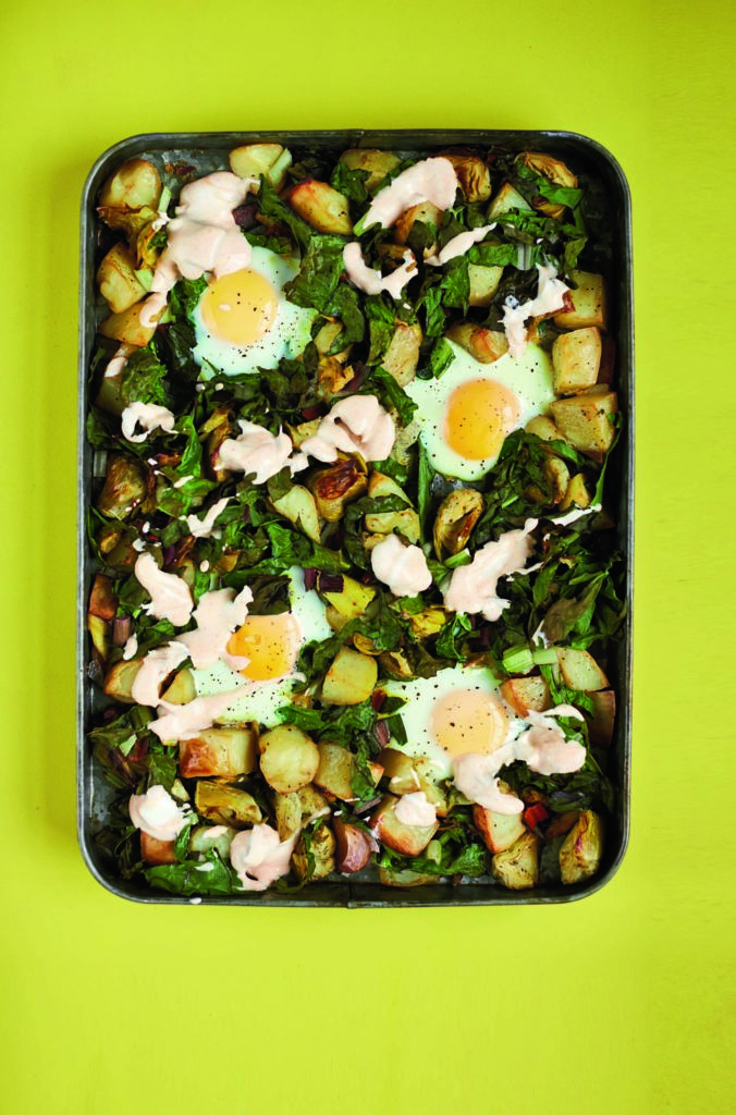 Crunchy Roast Potato, Artichoke & Spring Green Hash With Baked Eggs