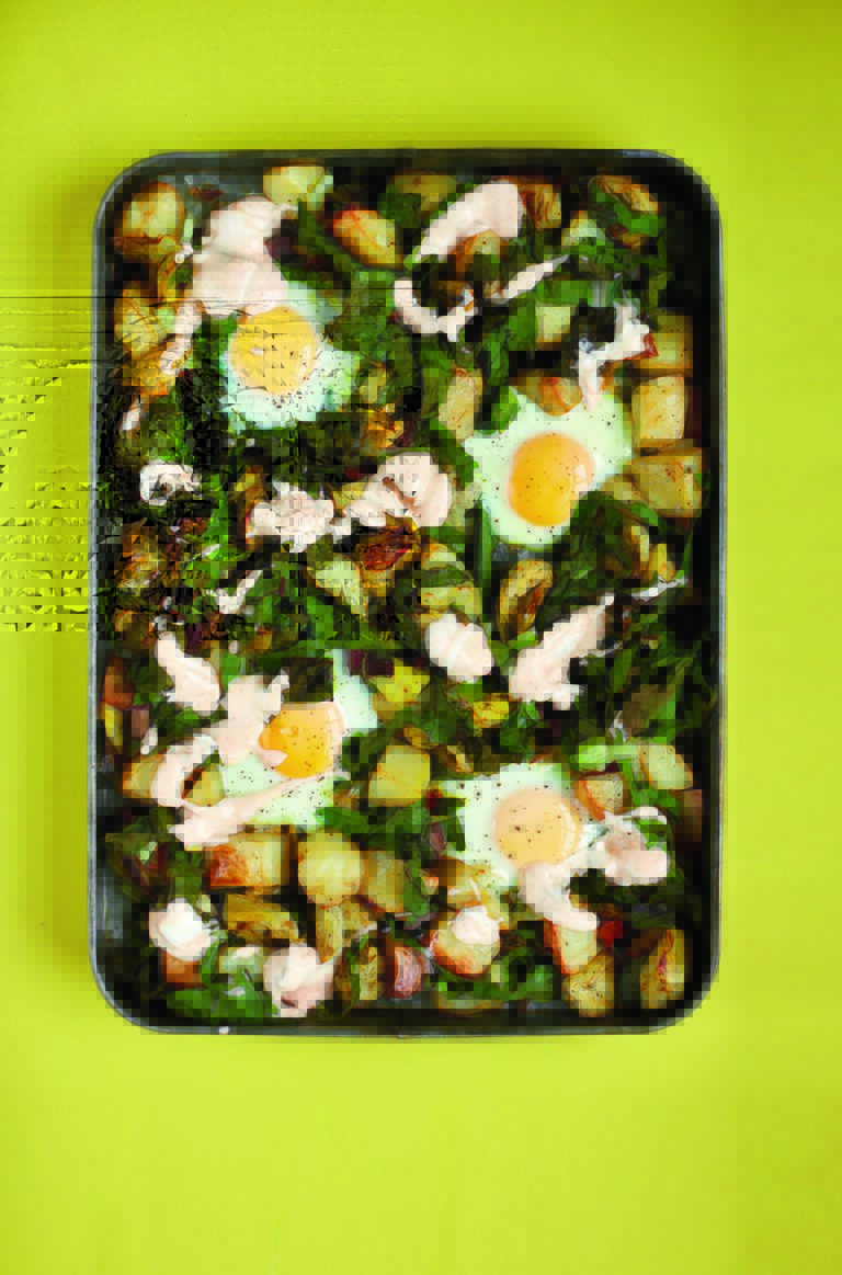 Crunchy Roast Potato, Artichoke & Spring Green Hash With Baked Eggs