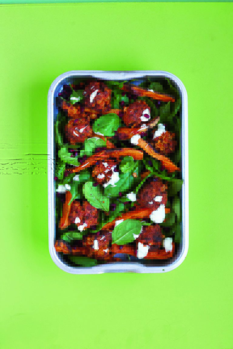 Cannellini Bean Falafel With Potato Wedges, Spinach and Pomegranate