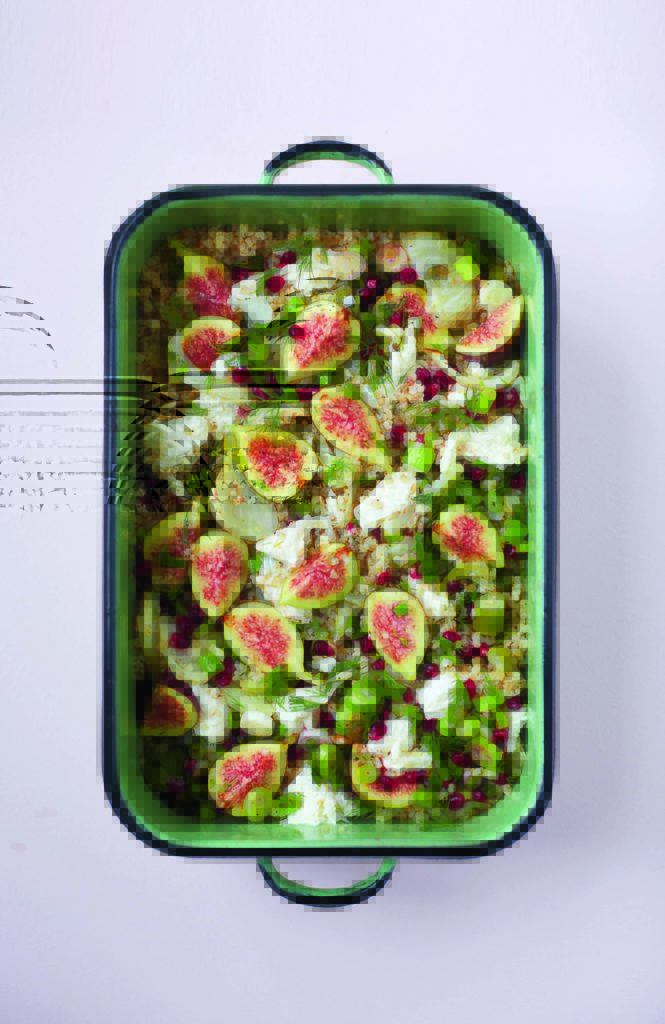 Quick Roasted Fennel and Bulgur Wheat With Mozzarella, Figs, Pomegranate and Dill