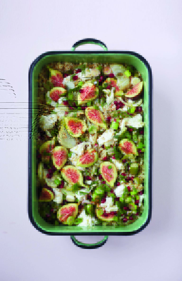 Quick Roasted Fennel and Bulgur Wheat With Mozzarella, Figs, Pomegranate and Dill
