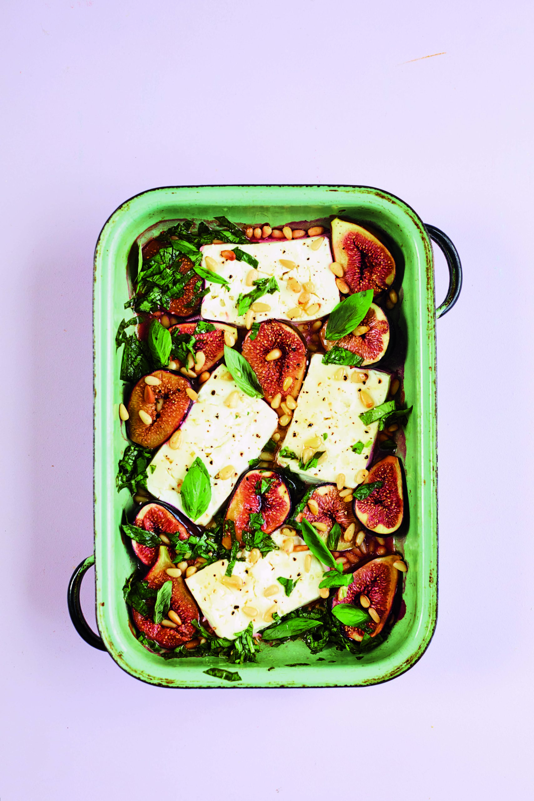 Baked Feta Cheese With Figs, Pine Nuts and Basil