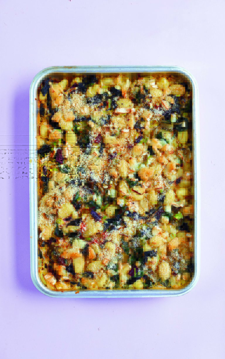 Crispy Baked Gnocchi With Leeks, Rainbow Chard and Cream