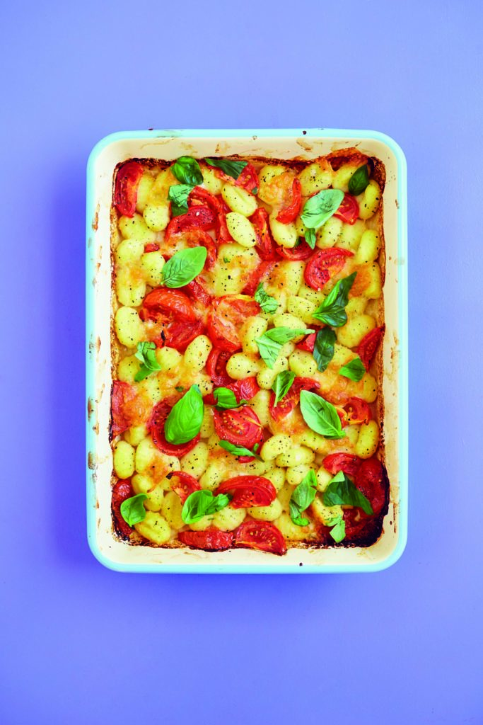 Crispy Baked Gnocchi With Tomatoes, Basil, Mozzarella and Pine Nuts