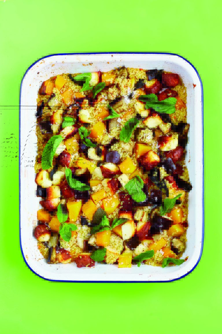 Roasted Aubergine With Squash, Halloumi, Mint and Bulgur Wheat
