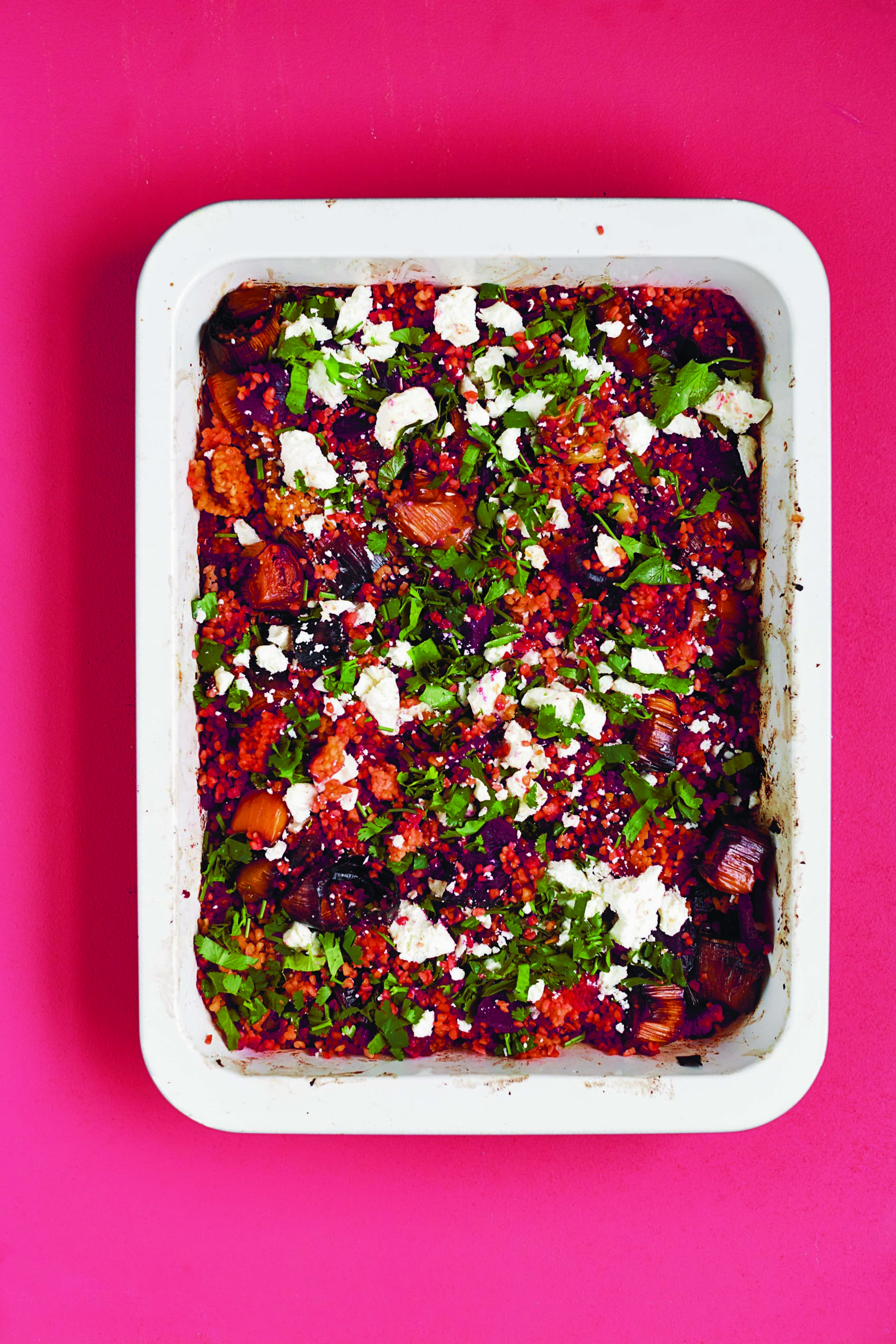 Butter Roasted Harissa Leeks and Beetroot With Bulgur Wheat and Feta