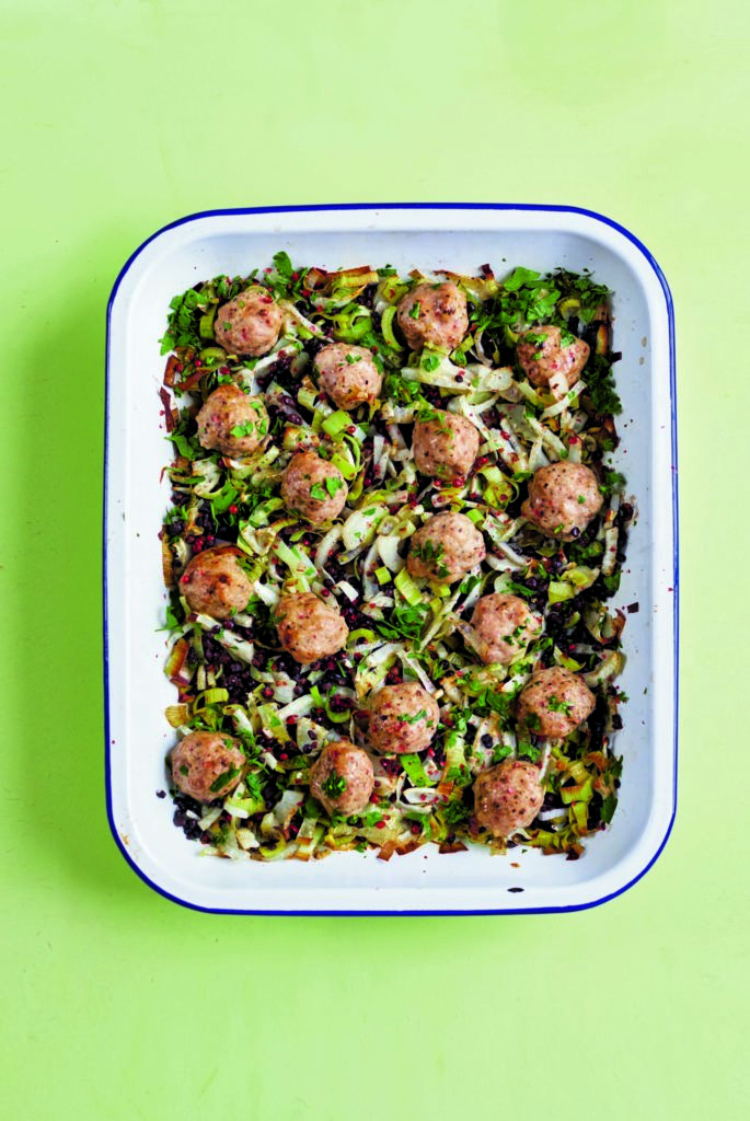 Pork, Juniper and Pink Peppercorn Meatballs With Leeks and Puy Lentils