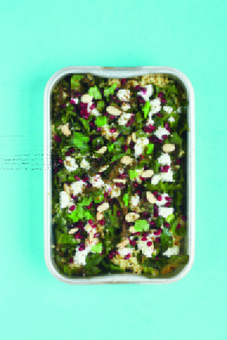 Crispy Kale and Bulgur Wheat Salad With Pomegranates, Preserved Lemon, Goat’s Cheese and Almonds