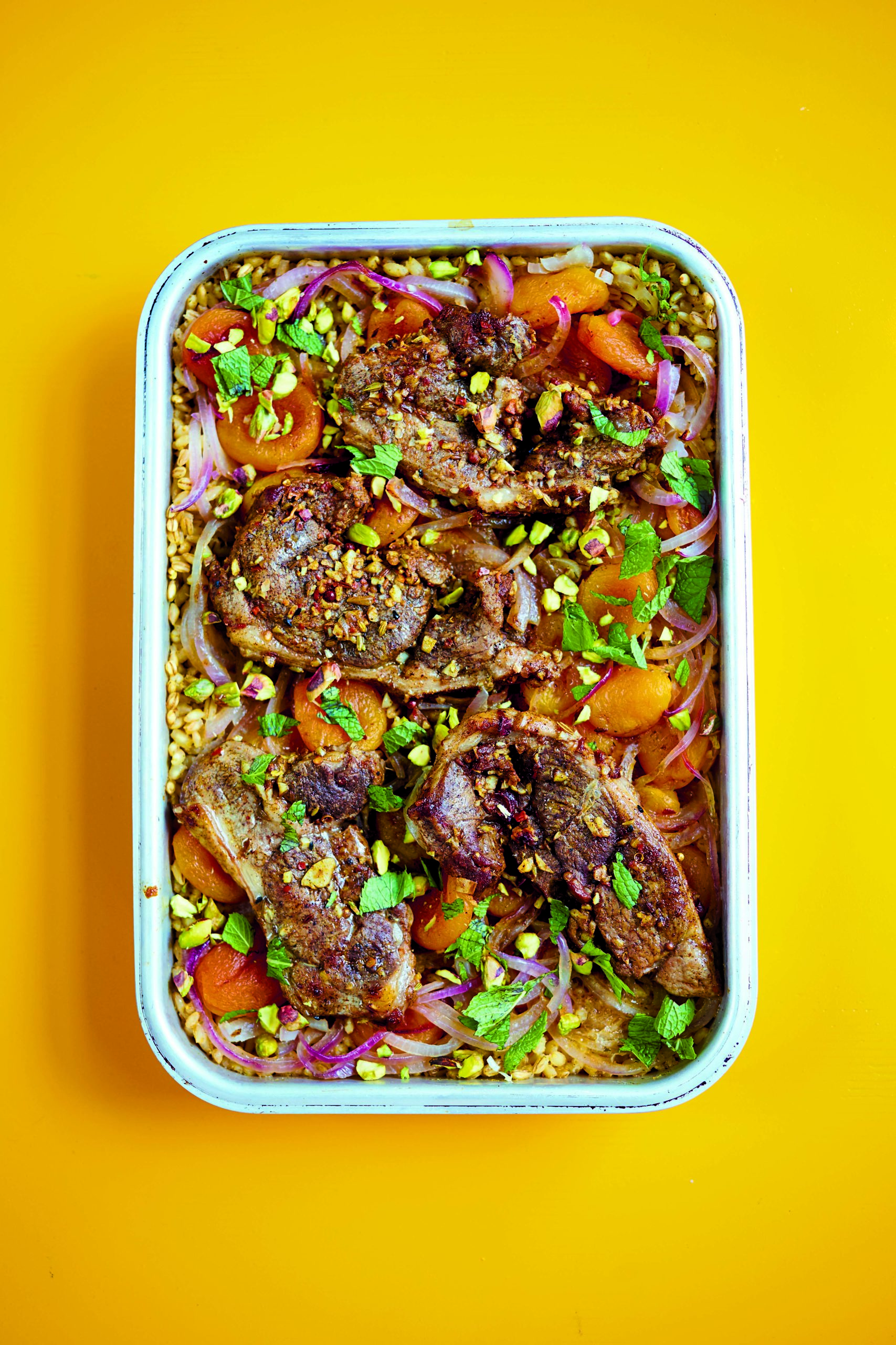 Roast Lamb With Apricots, Pistachios, Mint and Pearl Barley