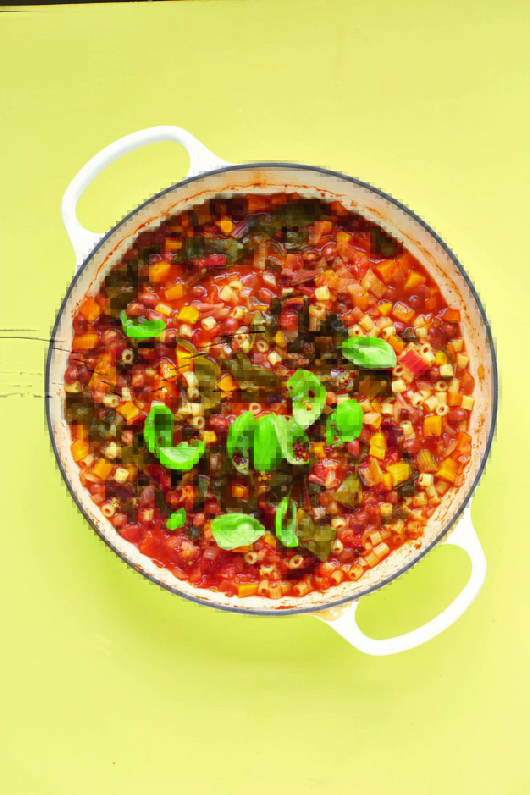 All-In-One Kale and Borlotti Minestrone With Ditalini, Chilli Oil and Pine Nuts