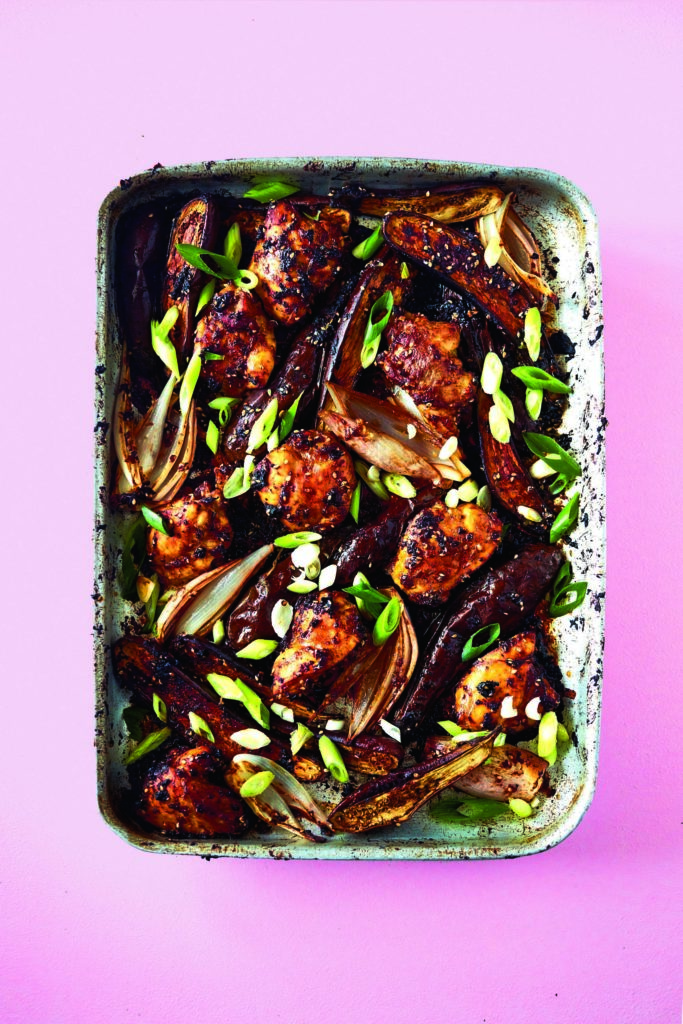 Rukmini Iyer’s Miso Chicken with Aubergines, Spring Onions and Chilli