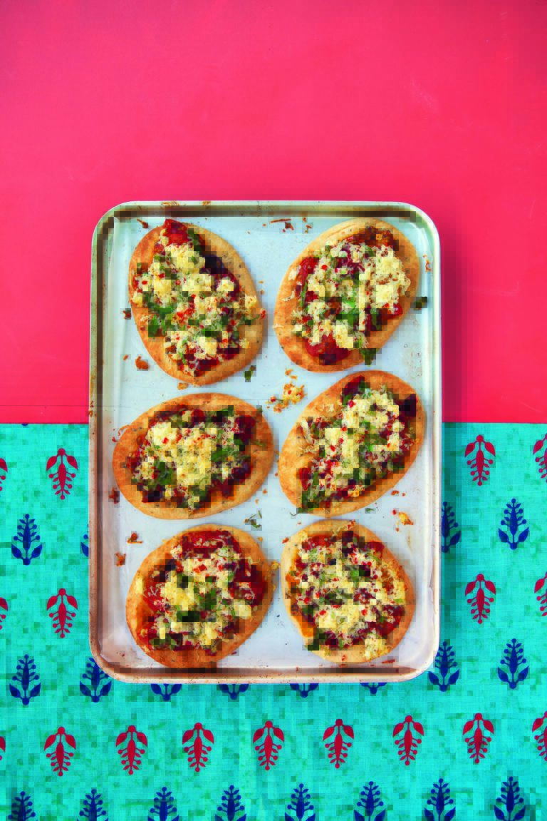 Rukmini Iyer’s Mini-Naan Pizzas with Lime & Coriander Paneer & Roasted Tomatoes
