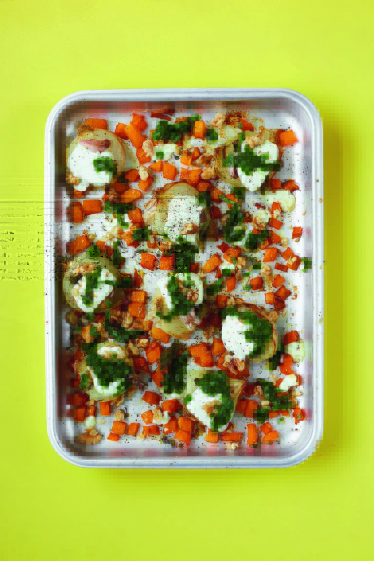 Basil and Thyme Roasted Onions With Squash, Goat’s Cheese and Walnuts
