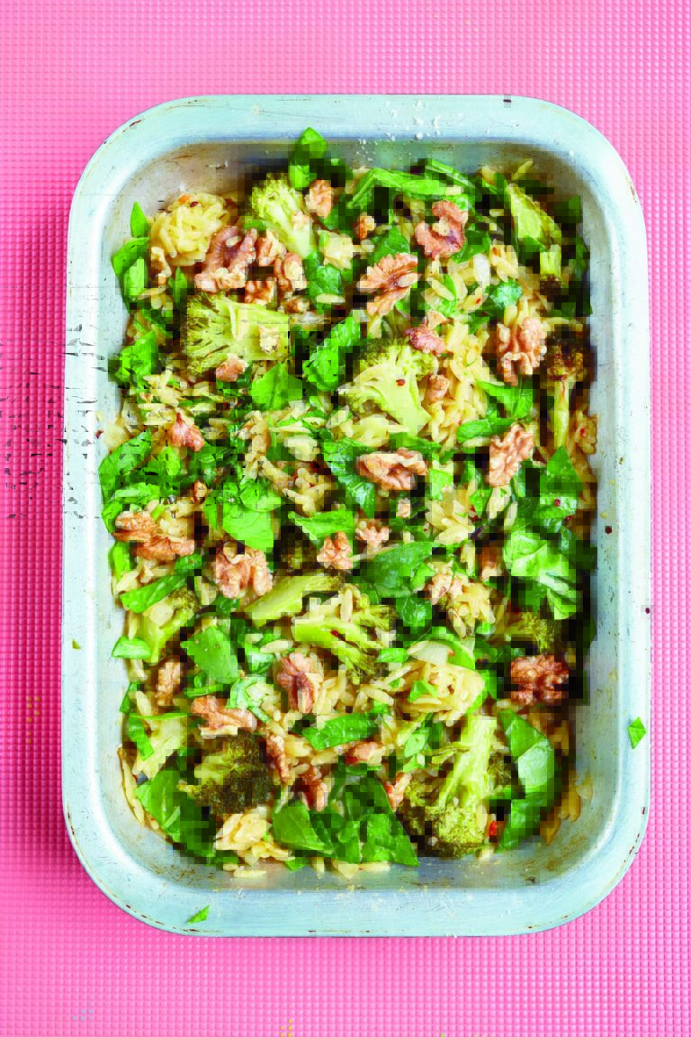 Orzo With Chilli and Garlic Roasted Broccoli, Lemon, Parmesan and Walnuts