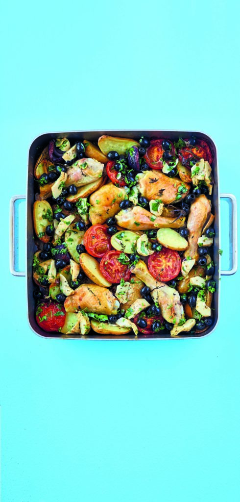 Rukmini Iyer’s Herbed Chicken with Olives, Artichokes and Roast Potatoes