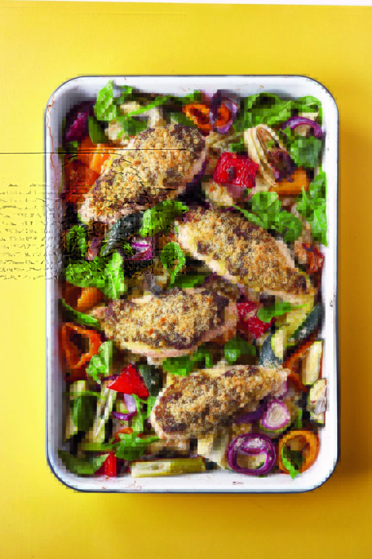 Rukmini Iyer’s Crispy Pesto Chicken, Roasted Fennel and Courgettes