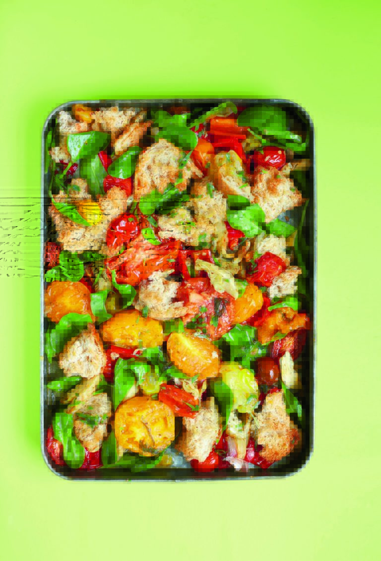 Roasted Tomato, Red Pepper and Artichoke Panzanella With Tarragon and Lemon