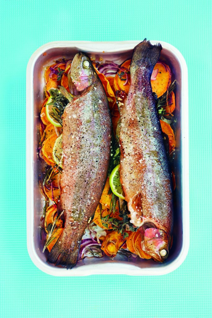 Herb-Stuffed Trout with Roast Sweet Potatoes & Onions