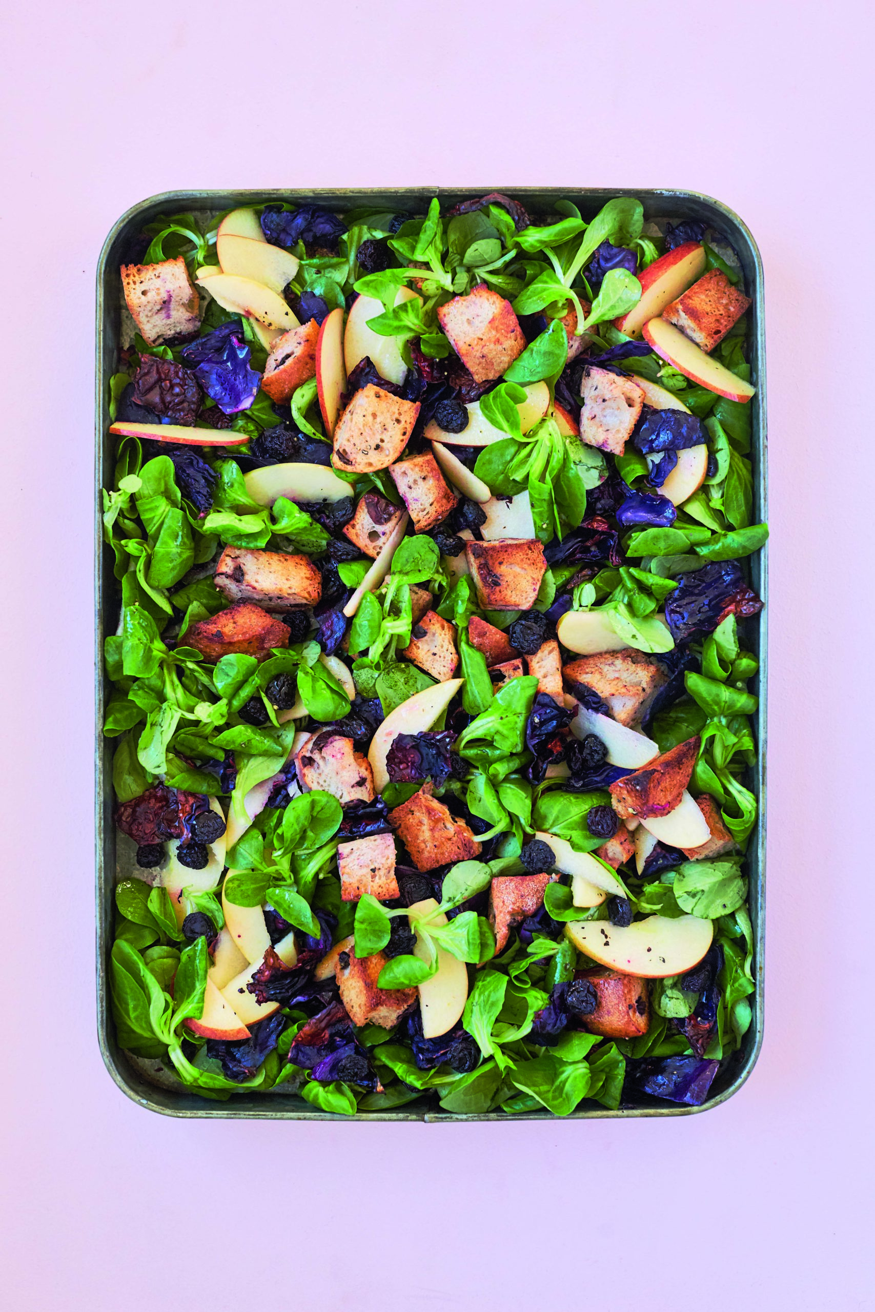 Roasted Red Cabbage With Crisp Garlic Croutons, Apple, Raisins and Lamb’s Lettuce