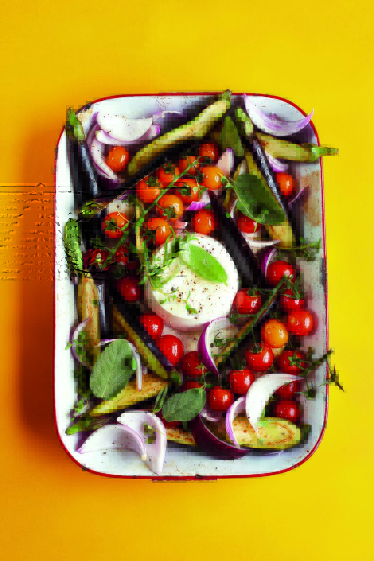 Thyme Roasted Ricotta With Vine Tomatoes, Baby aubergines and Red Onion