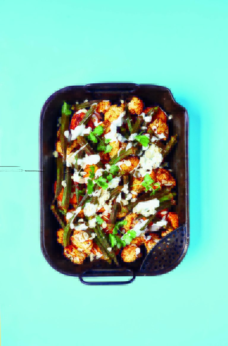 Spiced Roast Cauliflower, Sweet Potato and Okra With Yogurt and Almonds
