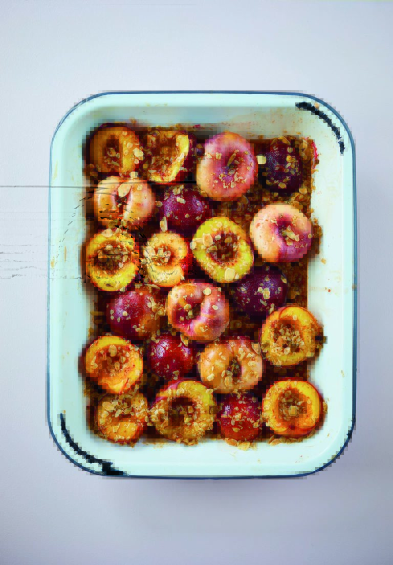 Rukmini Iyer’s Amaretto Roasted Plums, Nectarines & Peaches with Pistachio Granola