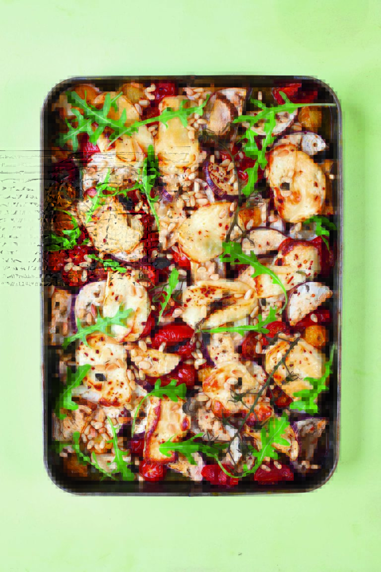 Roasted Halloumi With Aubergines, Tomatoes and Pine Nuts