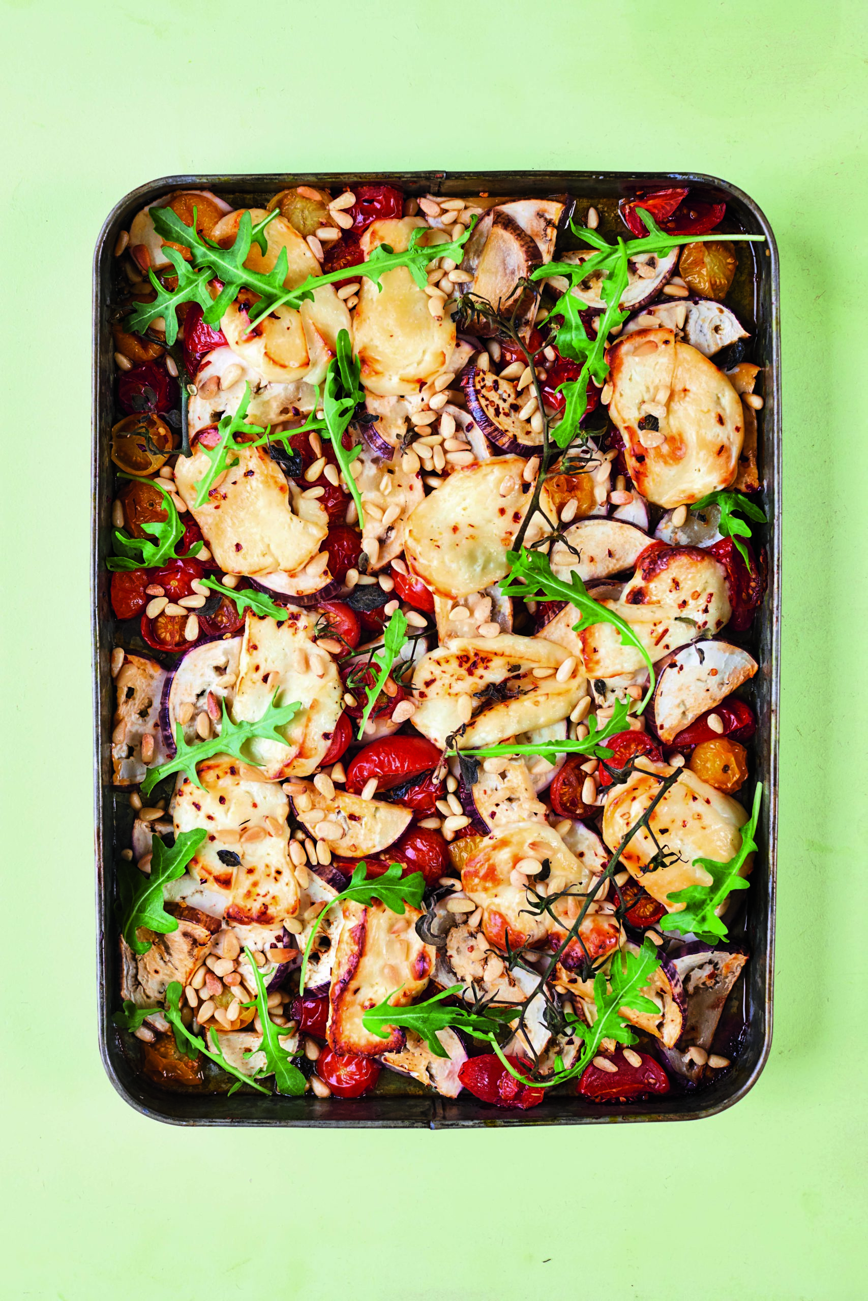 Roasted Halloumi With Aubergines, Tomatoes and Pine Nuts