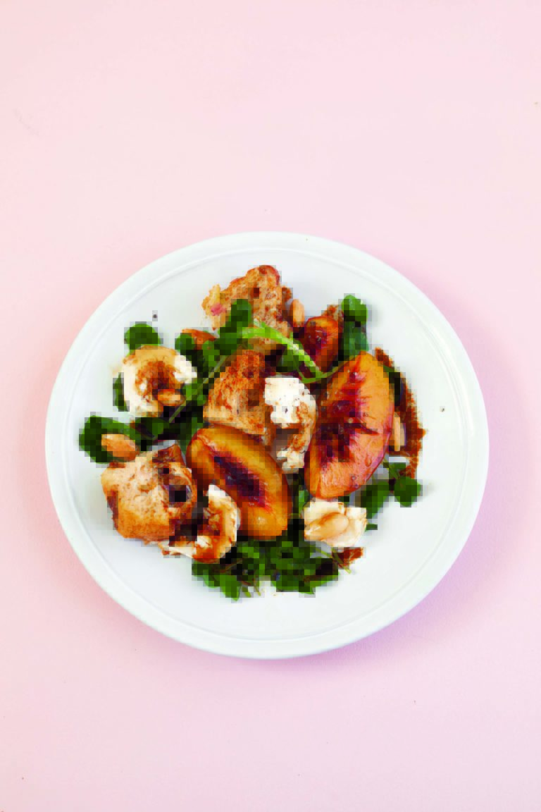 Roasted Nectarines With Goat’s Cheese, Almonds, Watercress and Croutons