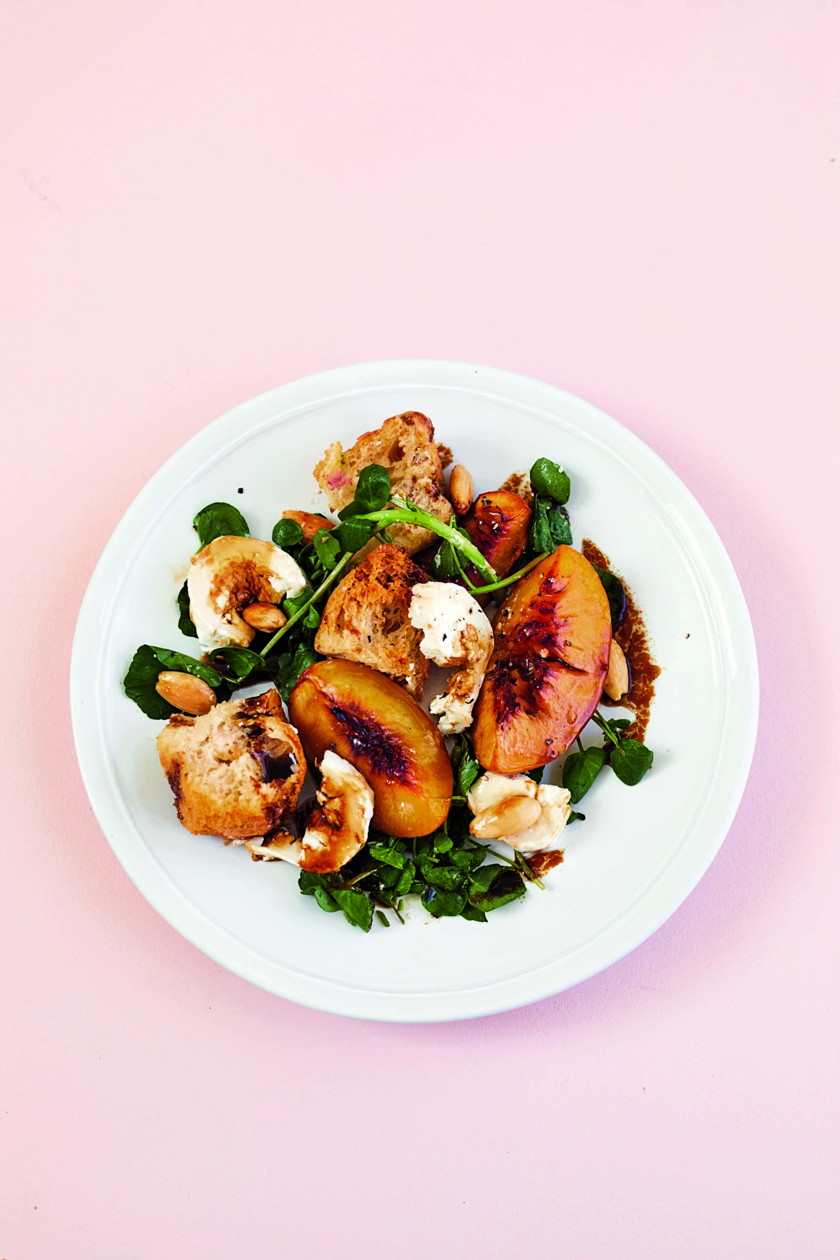 Roasted Nectarines With Goat’s Cheese, Almonds, Watercress and Croutons