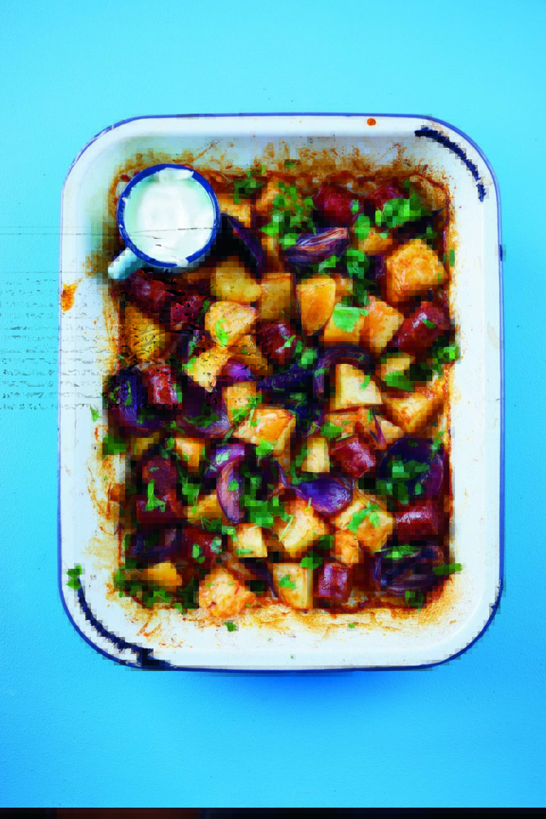 Rukmini Iyer’s Roast Potatoes, Chorizo, Onions, and Sour Cream
