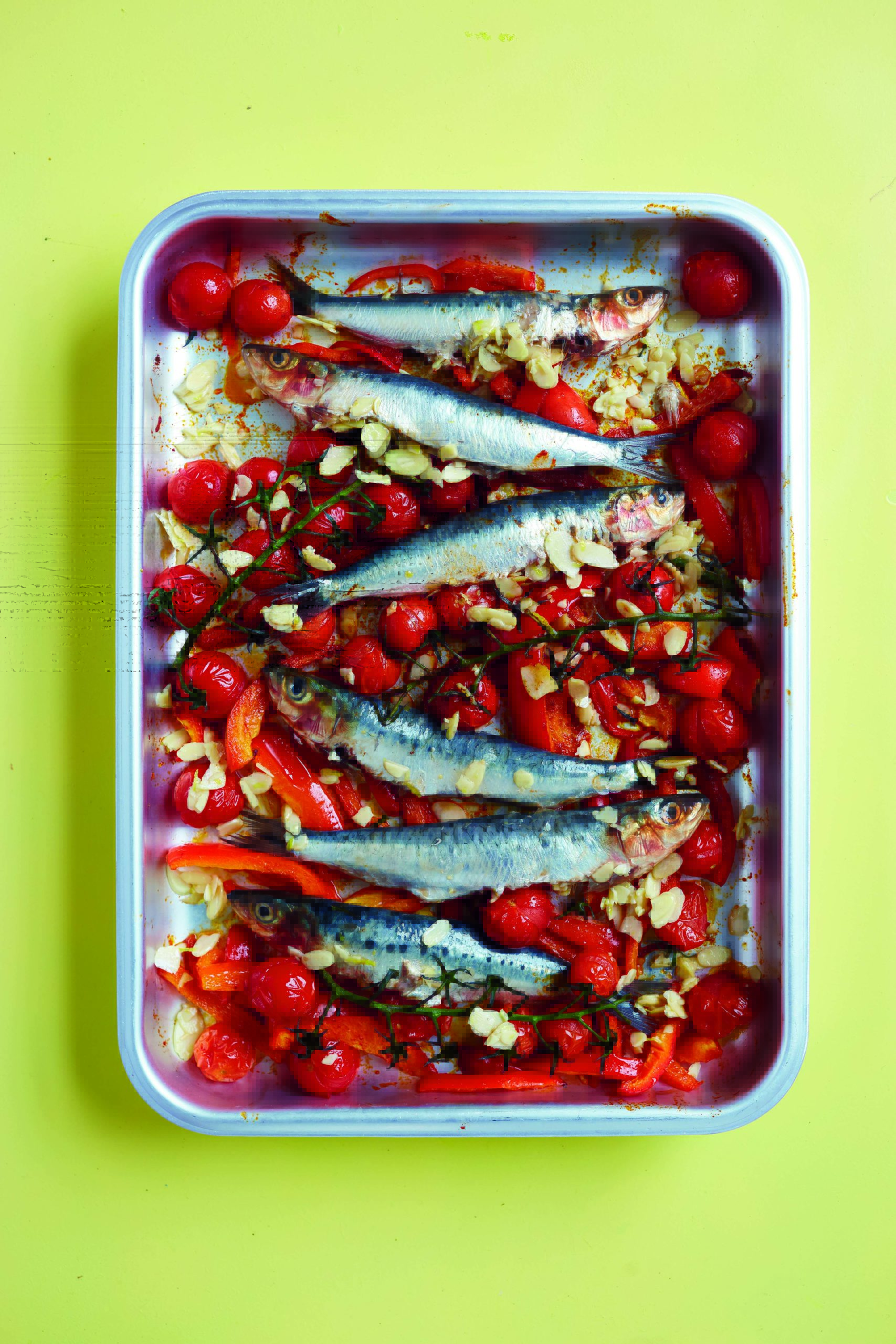 Sardines with Paprika Roasted Peppers, Tomatoes, Chillies & Almonds