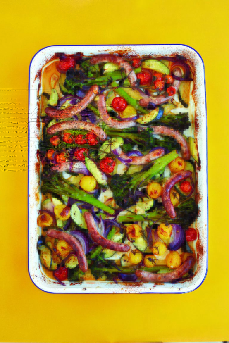 Summer Sausage Traybake With Long-Stem Broccoli and Cherry Tomatoes