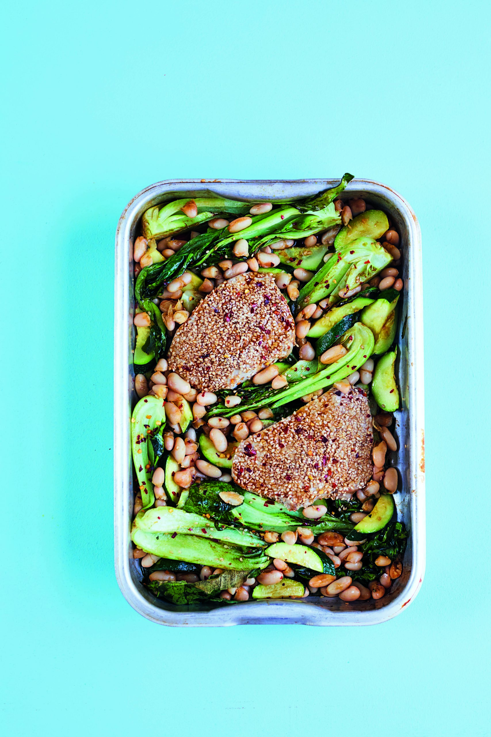 Sesame Crusted Tuna with Soy and Ginger, Courgettes and Pak Choi
