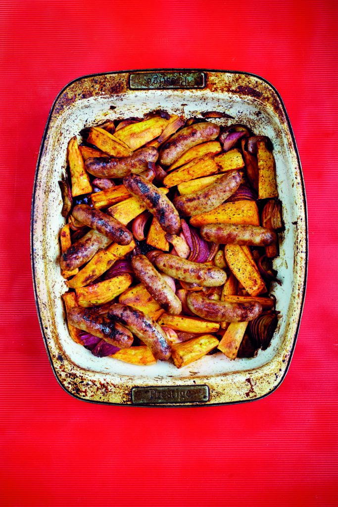Smoky Sausage, Sweet Potato and Red Onion Traybake