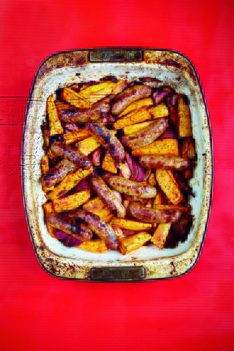 Smoky Sausage, Sweet Potato and Red Onion Traybake
