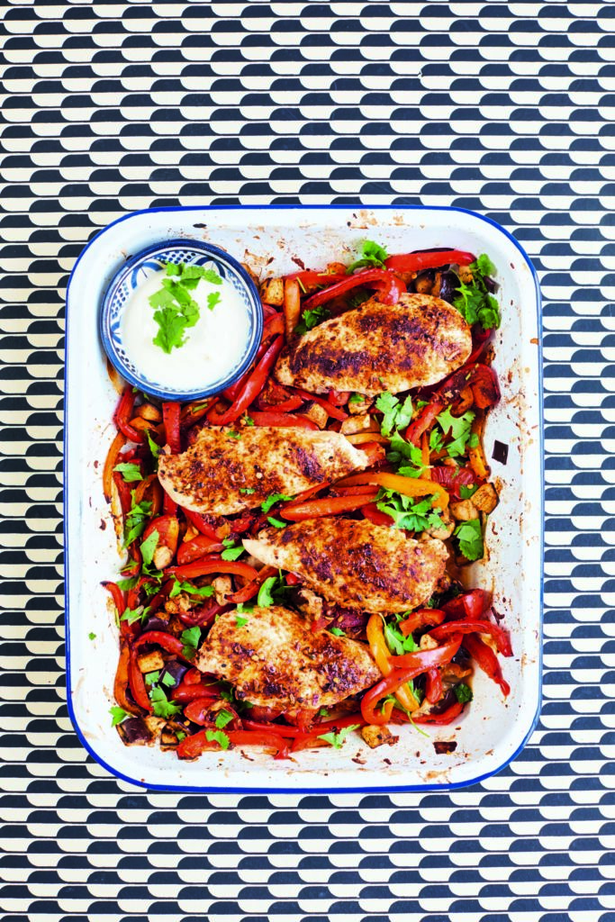 Spiced Roast Chicken With Peppers, Aubergine and Onion