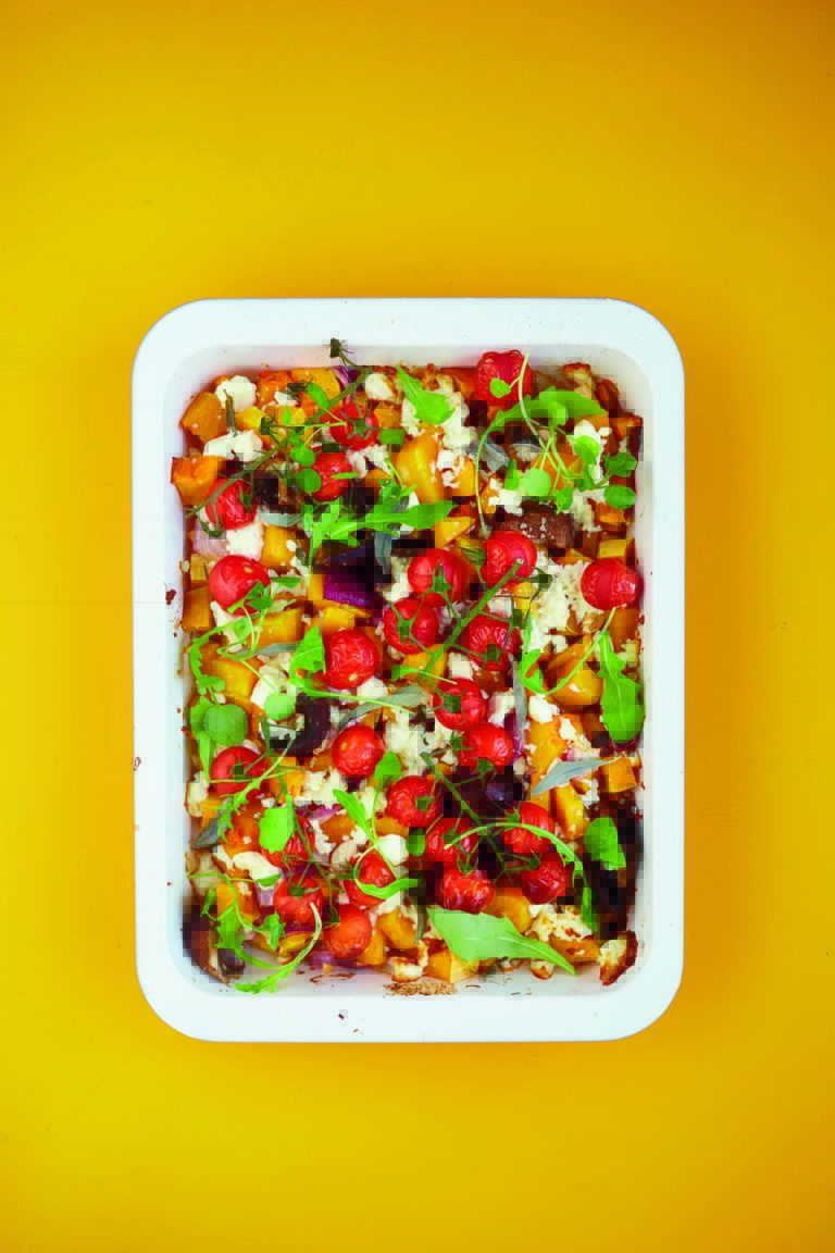 Sage Roasted Butternut Squash and Mushrooms With Feta and Tomatoes