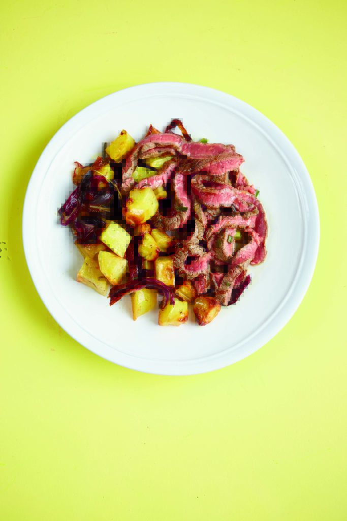 Lemon and Rosemary Steak With Garlic Roasted Potatoes and Onions