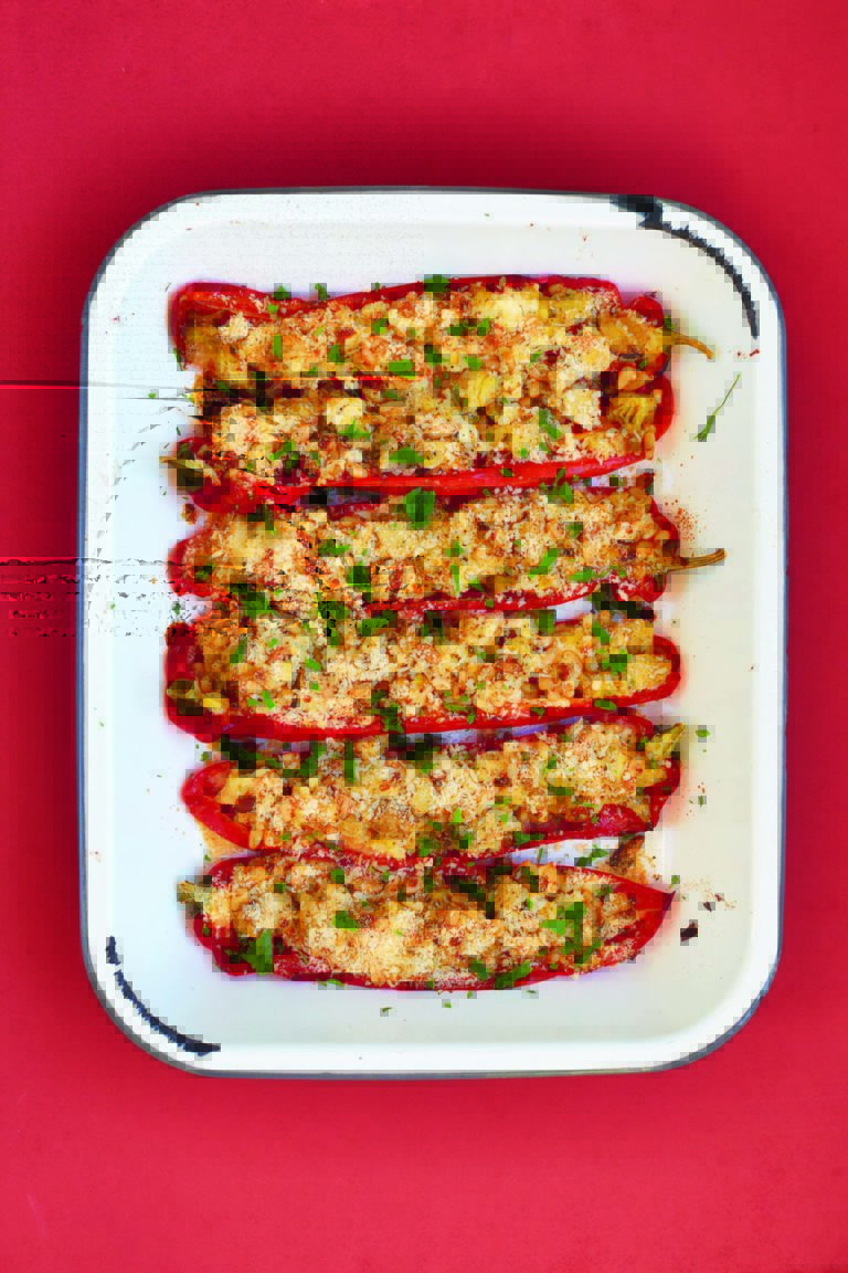 Herby Roasted Peppers Stuffed With Artichokes, Olives and Feta