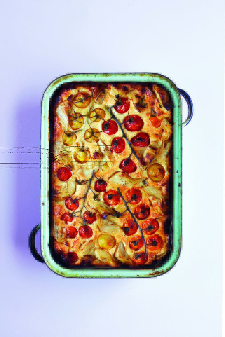 Cherry Tomato, Leek and Artichoke Bake With Feta Cheese