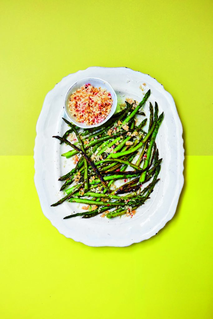 Charred Asparagus with Chilli, Peanuts and Coconut