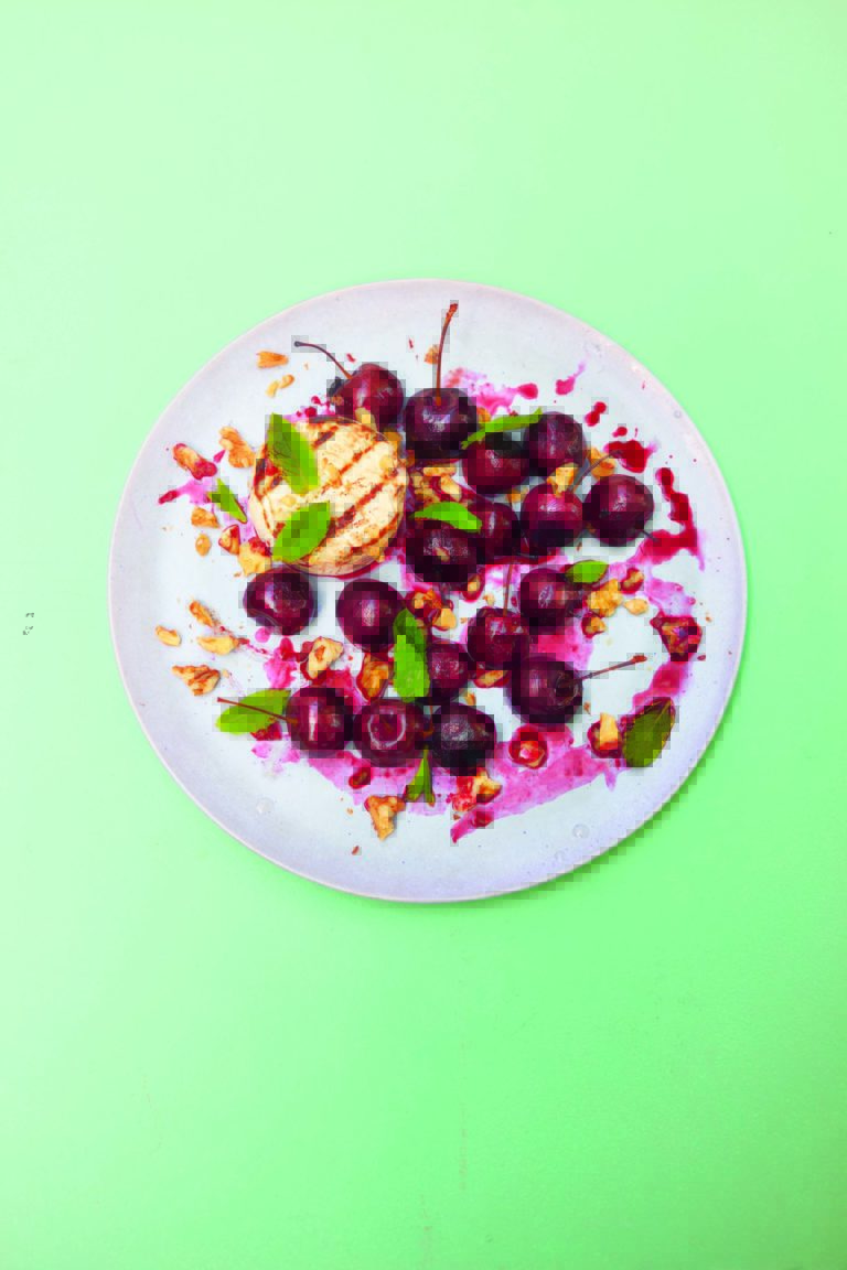 Griddled Cherries with Warm Goat’s Cheese, Mint and Walnuts